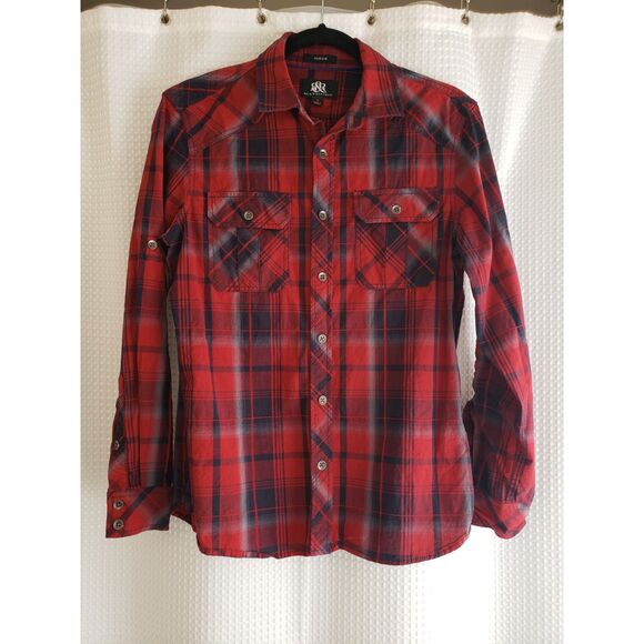 Rock & Republic Mens Shirt Small Red Plaid Button Down Stretch Straps for Arms - Picture 1 of 5
